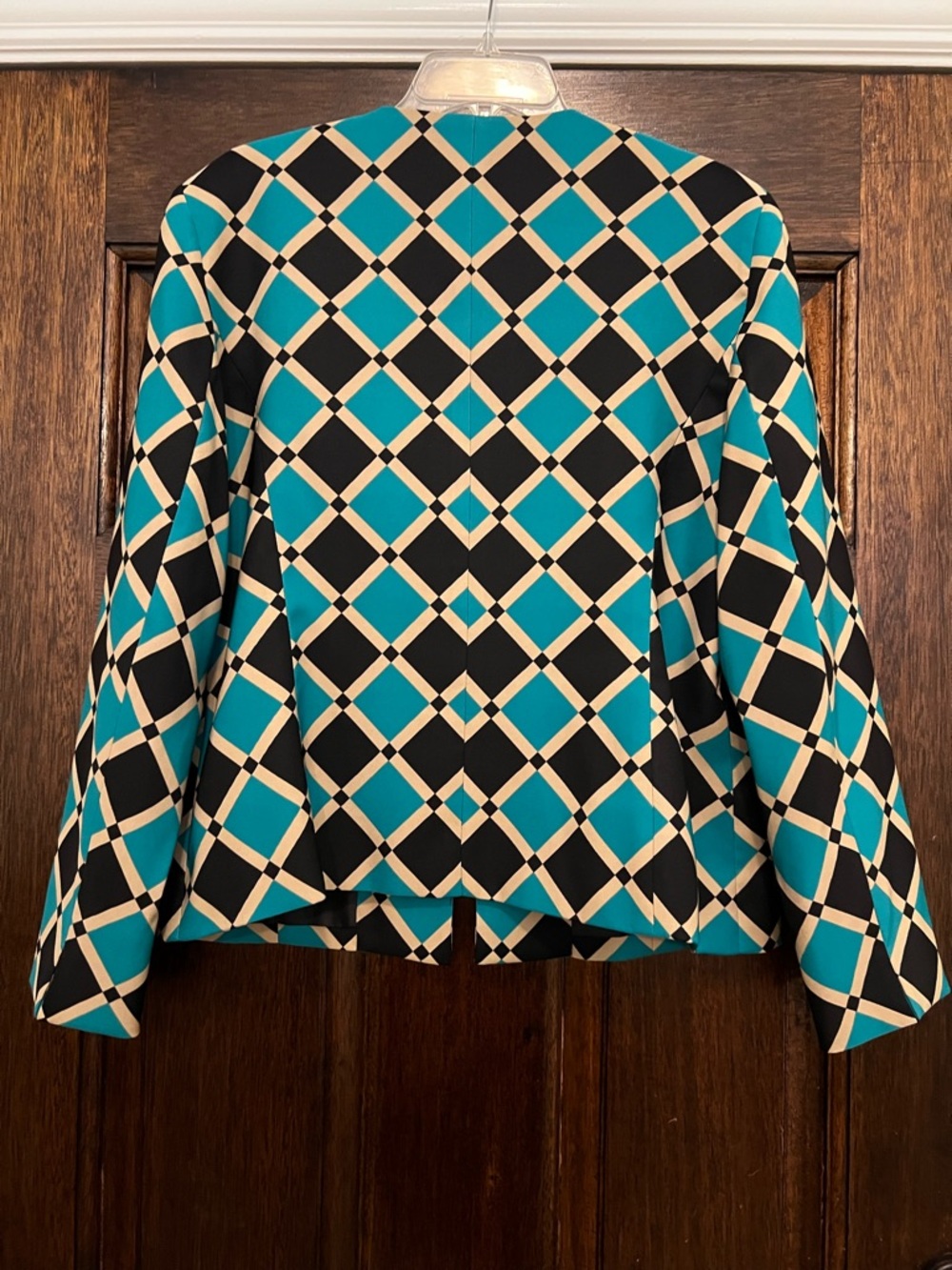 Kasper Teal, Black & Cream Geometric Open-Front Blazer - Picture 3 of 5